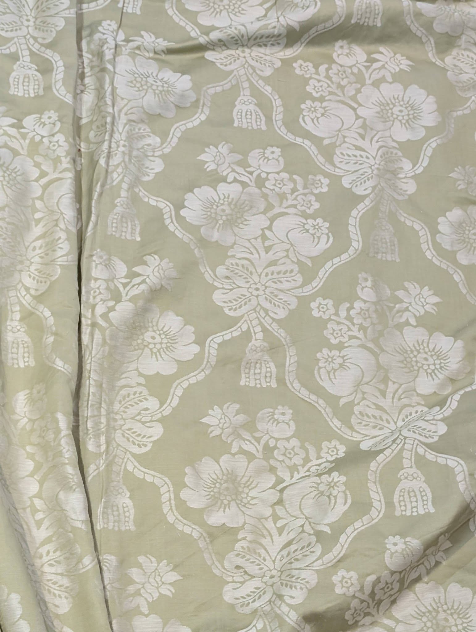 bed4 - Divinely Vintage Interiors Beige-green fabric with large white floral motifs and winding vines (damask-like pattern).