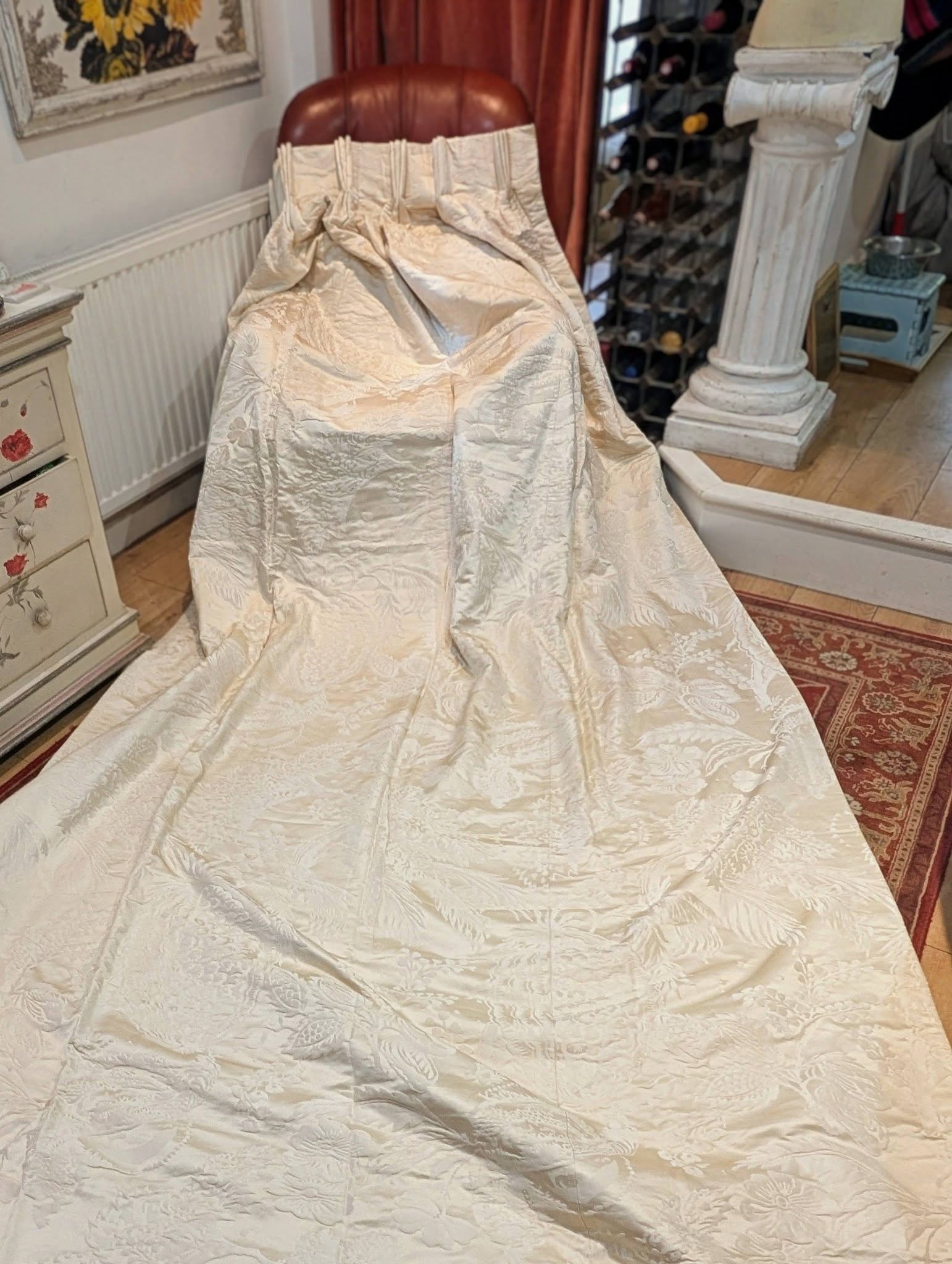 - Divinely Vintage Interiors very long single cream silk damask second-hand curtain