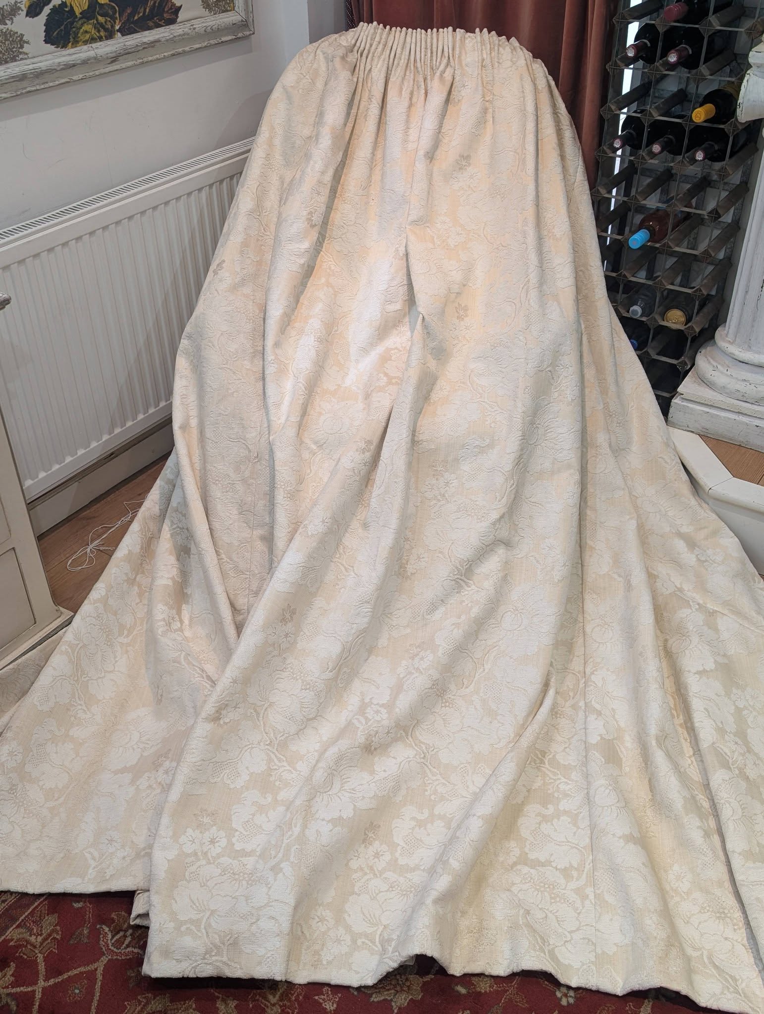 leila1 - Divinely Vintage Interiors Wide Cream Chenille Damask Pencil Pleat Second-Hand Curtains W389 D224