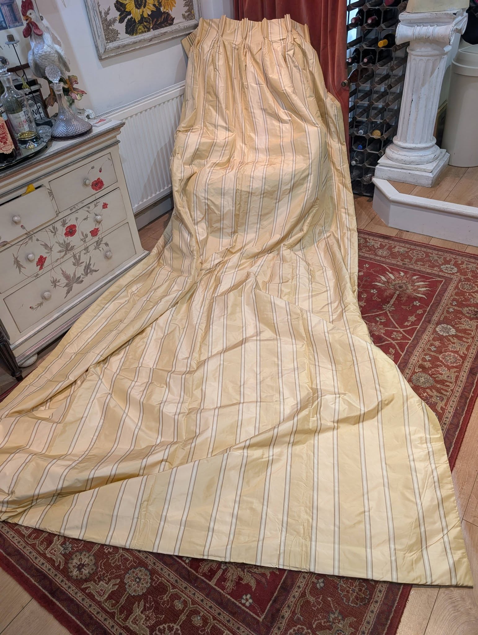 silk1 - Divinely Vintage Interiors Cream and Gold Silk Very Long Pinch Pleat Second-Hand Curtains - 3 Pairs Available