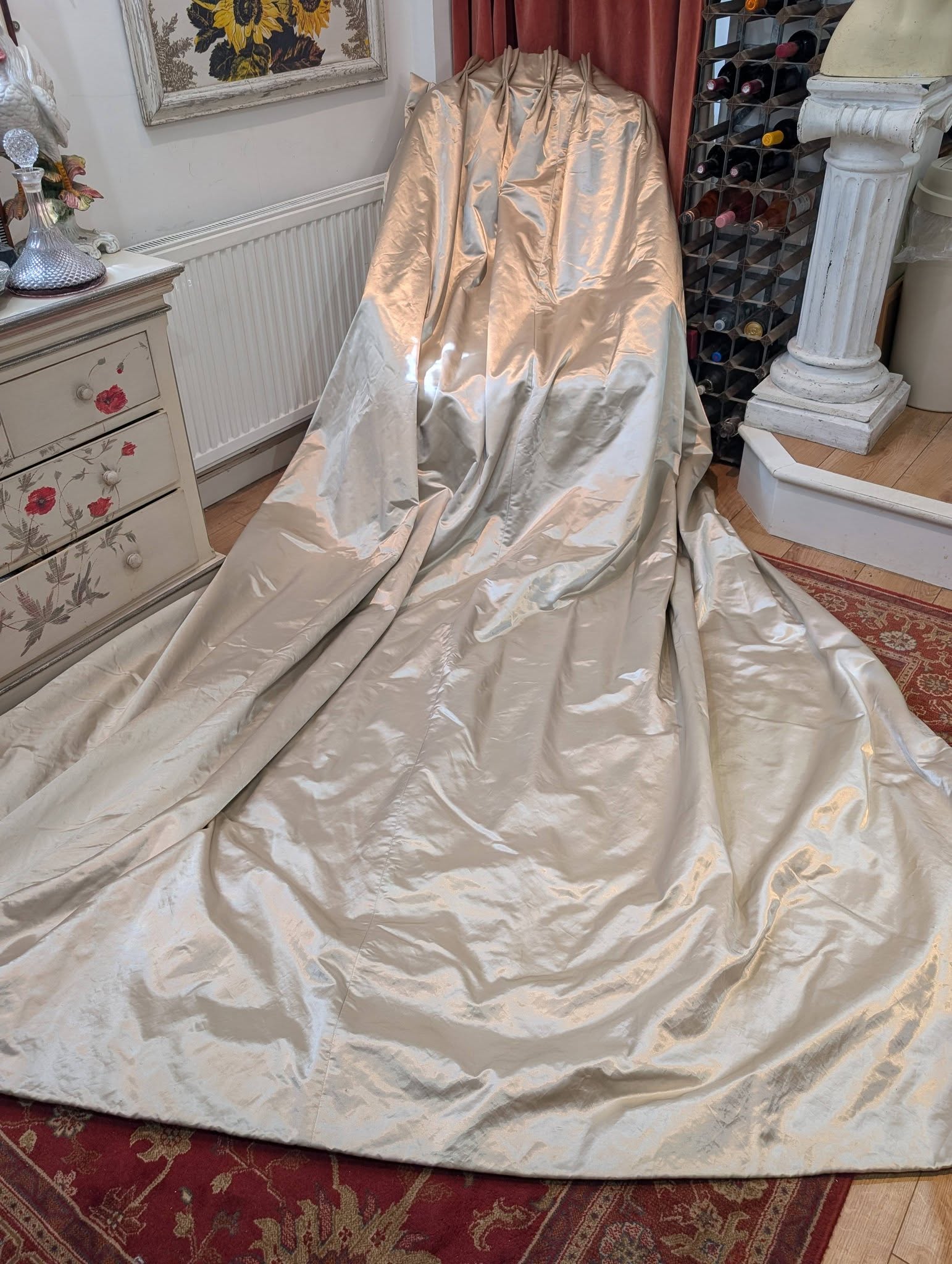 silk1 - Divinely Vintage Interiors Long Cream Silk Pinch Pleat Second-Hand Curtains W240 D317