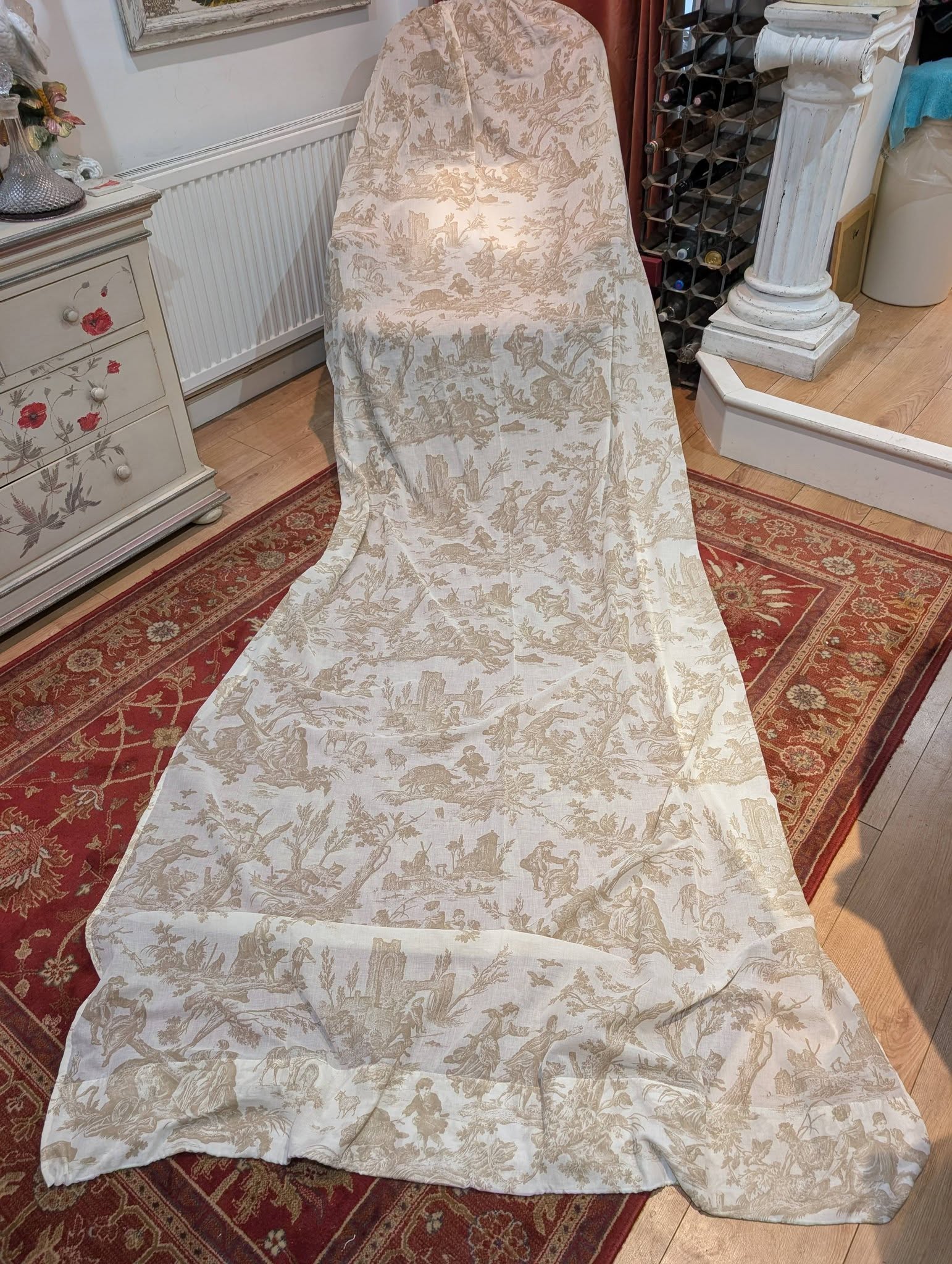 Vintage Very Long Cream Toile de Jouy Tape Top Voiles W142 D340 - 2 Pairs Available
