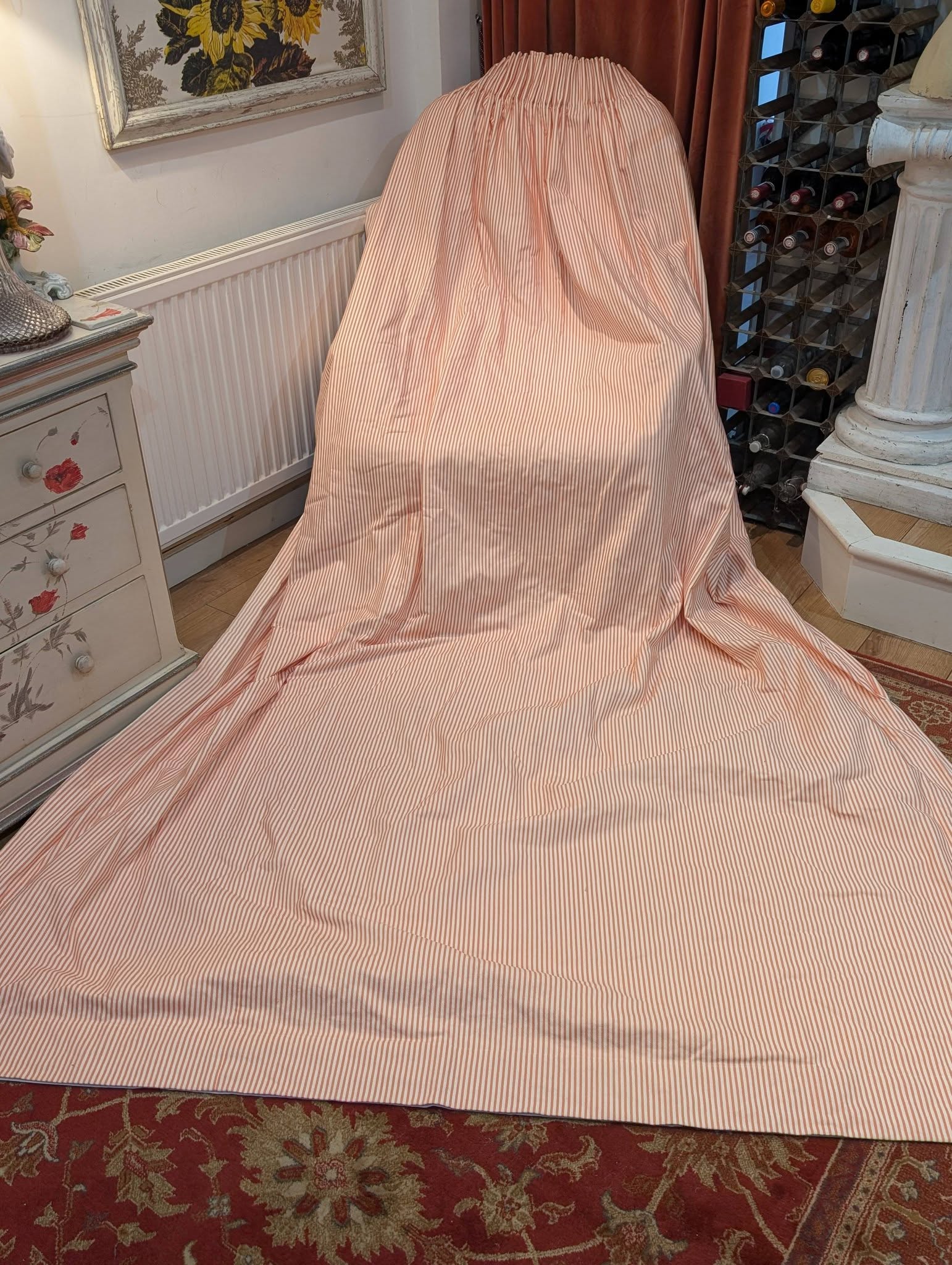Coral and White Striped Pencil Pleat Second-Hand Curtains