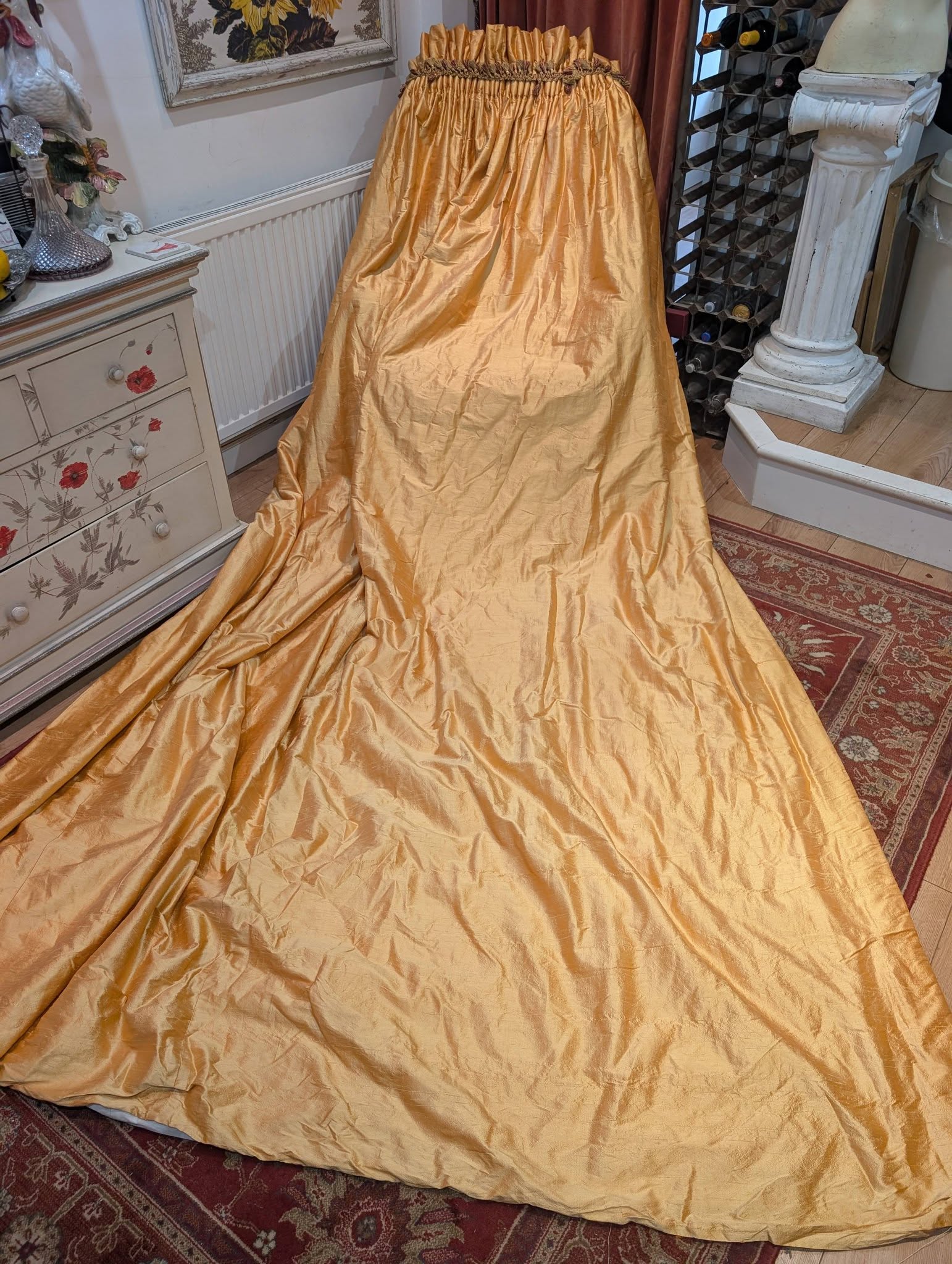 Very Long Vintage Antique Gold Silk Pencil Pleat Second-Hand Curtains