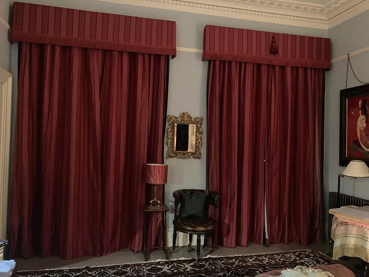 Very Long Two-Tone Burgundy Silk Pencil Pleat Curtains W203 D325