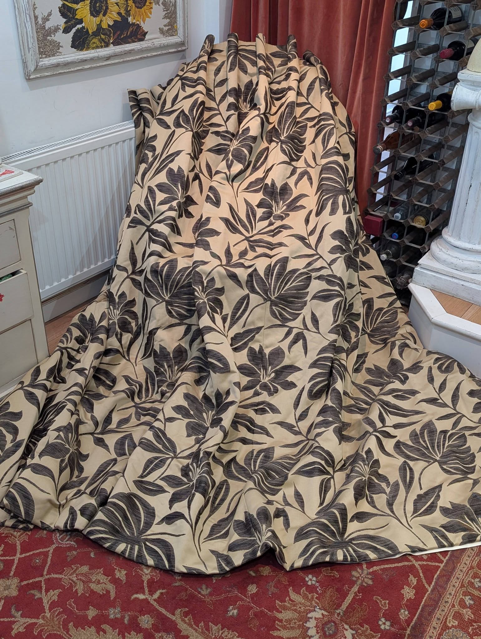 Dark Cream and Charcoal Leaves Interlined Second-Hand Curtains W300 D234