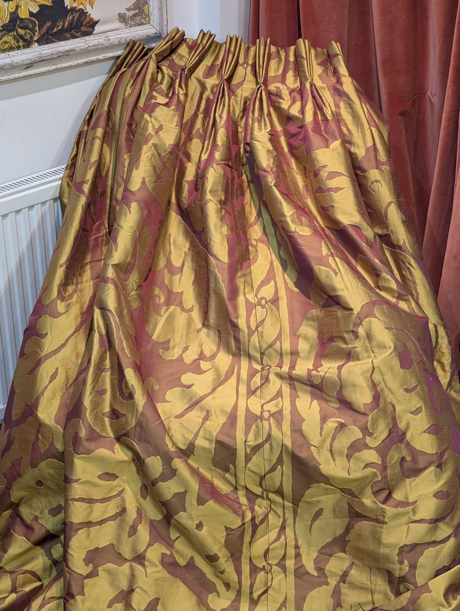 Antique Gold Raw Silk Pinch Pleat Second-Hand Curtains - Image 3