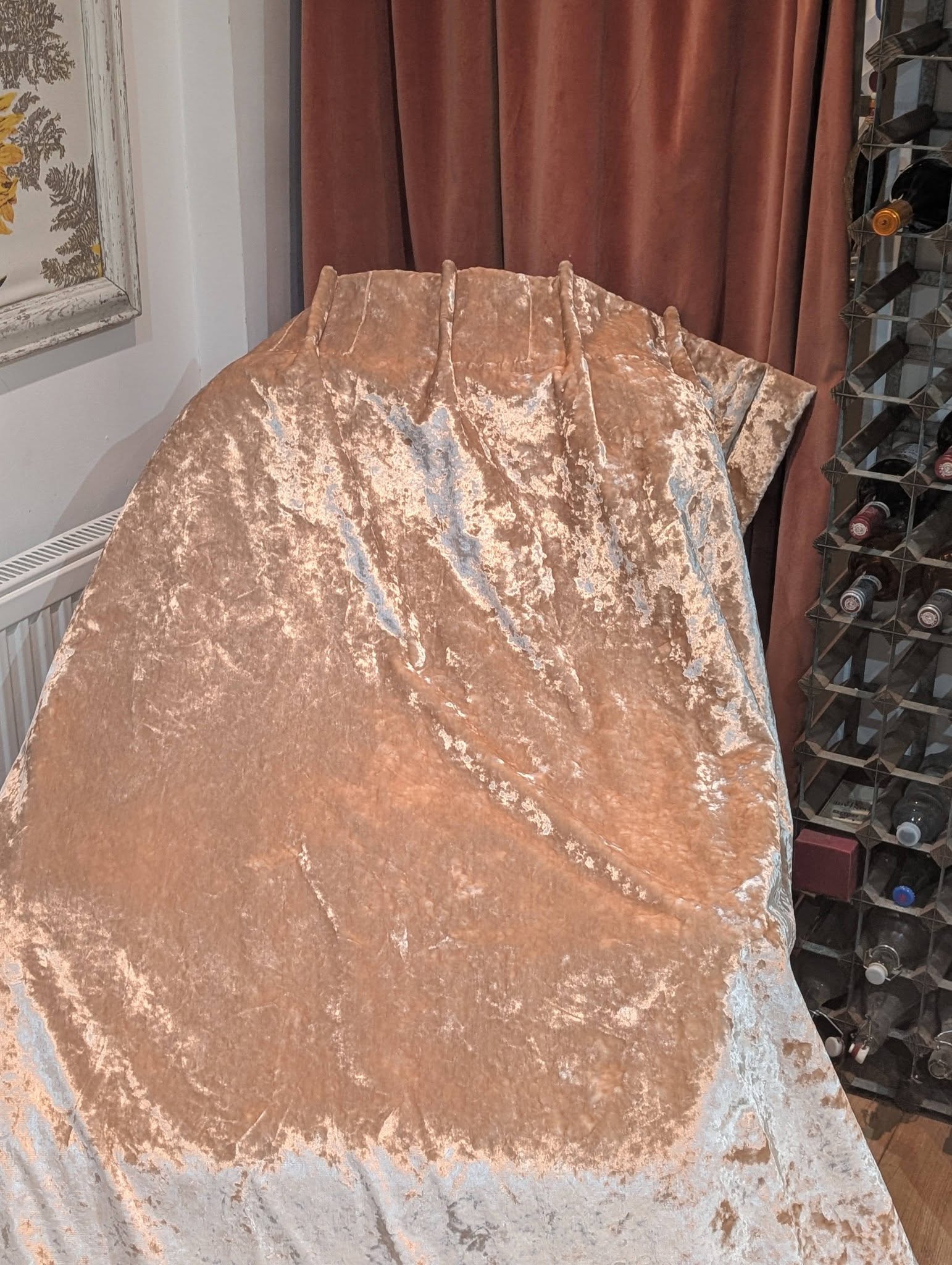 Champagne Crushed Velvet Pinch Pleat Second-Hand Curtains - Image 3